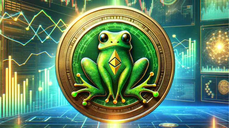 A futuristic digital illustration of a frog-themed cryptocurrency token, surrounded by glowing financial charts and blockchain visuals. The scene features vibrant green and gold tones, symbolizing growth and innovation in the crypto market, with a dynamic and modern financial background.