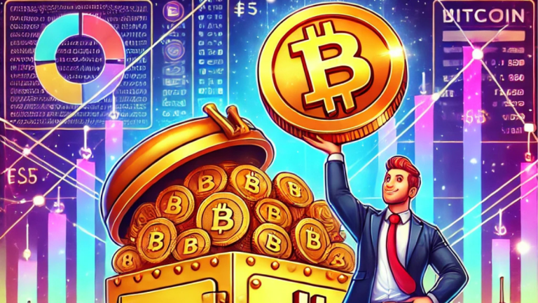 A fun and colorful illustration of a cartoon Bitcoin vault overflowing with coins, with a character resembling Michael Saylor holding a giant Bitcoin. The backdrop features a futuristic cityscape with glowing digital graphs, symbolizing Bitcoin acquisitions and financial success in a playful manner.