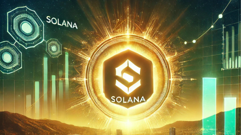 A vibrant digital illustration depicting Solana's potential boom by 2025. The scene showcases a futuristic cityscape with glowing financial charts, a prominently ascending Solana logo, and blockchain-inspired visuals. The green and gold hues symbolize growth and innovation in the cryptocurrency market.