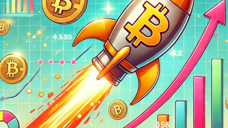 A fun digital illustration of Bitcoin as a golden rocket soaring into the sky, leaving a trail of glowing cryptocurrency symbols. The background features playful cartoonish clouds and financial charts, symbolizing growth and optimism in the crypto market.