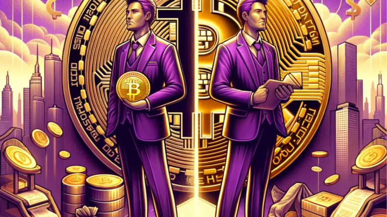 A digital illustration inspired by Rich Dad Poor Dad, featuring a rich purple and gold color palette. A golden Bitcoin coin is central, symbolizing wealth and smart investment. On one side, a confident 'Rich Dad' figure holds Bitcoin, with a backdrop of financial growth and skyscrapers. On the opposite side, a reflective 'Poor Dad' figure stands near traditional money symbols, with a modest background, highlighting the contrast between financial literacy and conventional thinking.