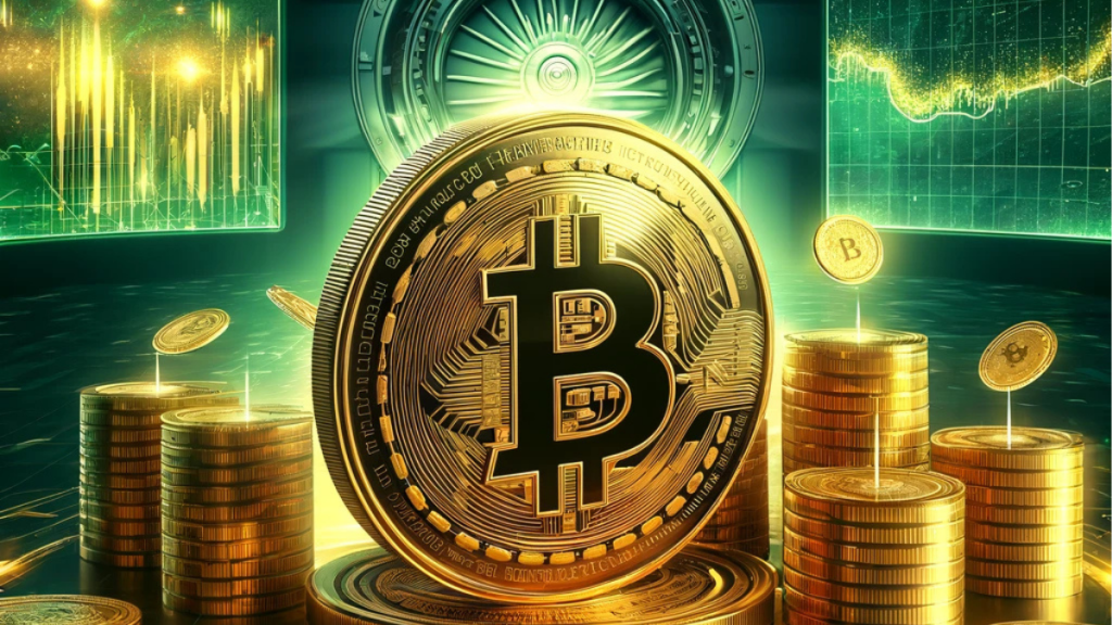 A dynamic digital illustration representing Tether's Bitcoin reserve expansion. A golden Bitcoin coin is surrounded by stacks of digital coins, with a glowing Tether logo in the background. The scene features financial charts and a futuristic vault, emphasizing security and growth in the cryptocurrency market.