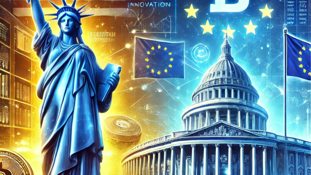 A vibrant digital illustration depicting the crypto competition between the United States and Europe. The Statue of Liberty holds a Bitcoin, symbolizing U.S. innovation, while a futuristic European Parliament building with glowing blockchain elements represents Europe's regulatory focus. The background features flags, digital charts, and glowing crypto icons, highlighting the contrast in strategies.