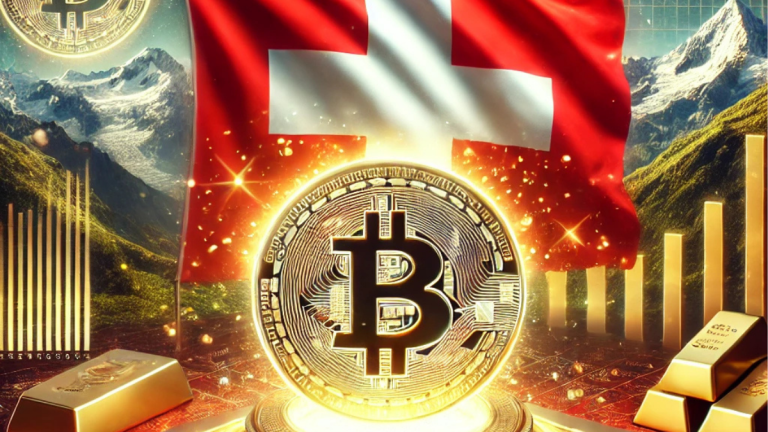 A digital illustration of Switzerland's strategic Bitcoin reserve proposal. The scene features the Swiss Alps, a glowing Bitcoin coin embedded in a Swiss flag, surrounded by gold bars and financial charts. The vibrant red, white, and gold tones symbolize Switzerland's tradition and leadership in cryptocurrency innovation.