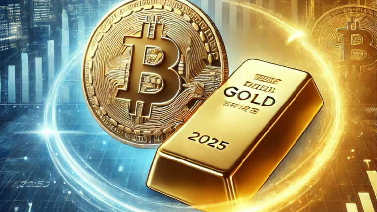 A digital illustration depicting the shift from Bitcoin to gold as preferred investments by 2025. A gleaming Bitcoin coin transitions into a gold bar, set against a background of financial charts. The left side features blue tones symbolizing cryptocurrency volatility, while the right side highlights gold's stability with warm gold and white hues.