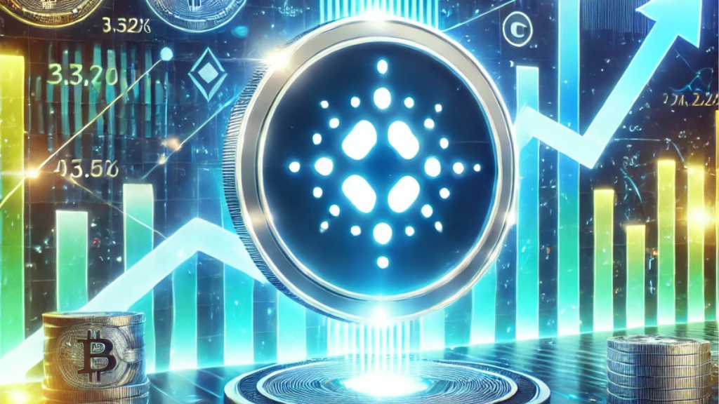 A vibrant digital illustration of Cardano's surge in the cryptocurrency market, featuring the Cardano logo against a backdrop of glowing financial charts and upward-trending arrows. The blue and green tones symbolize growth, innovation, and market momentum, with a futuristic crypto market design.