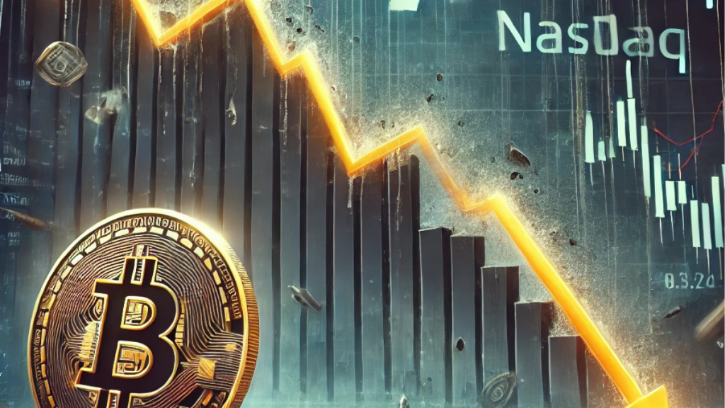 A digital illustration showing MicroStrategy's share decline after a Bitcoin investment. The scene features a sharp downward graph, a prominent Bitcoin coin, and symbols of falling stock values. The background includes the Nasdaq logo and a dark financial atmosphere, highlighting market turbulence.