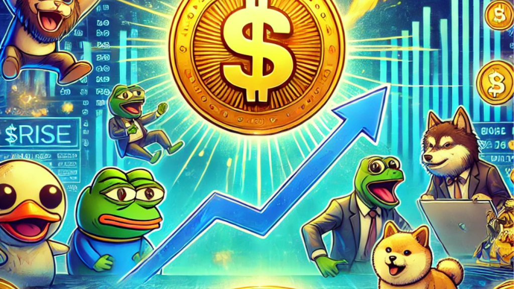 A vibrant digital illustration showcasing $RISE as a top cryptocurrency investment for 2025. The glowing $RISE token is surrounded by meme-inspired characters (dogs and frogs), upward-trending financial charts, and dynamic arrows. The bright blue and gold tones symbolize growth, innovation, and excitement in the crypto market.