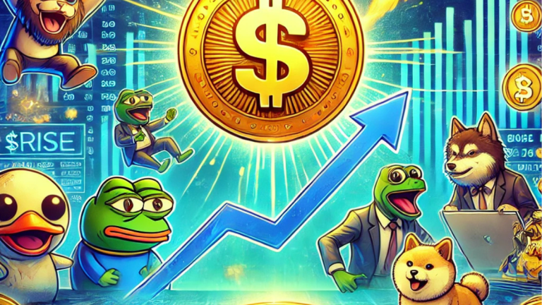 A vibrant digital illustration showcasing $RISE as a top cryptocurrency investment for 2025. The glowing $RISE token is surrounded by meme-inspired characters (dogs and frogs), upward-trending financial charts, and dynamic arrows. The bright blue and gold tones symbolize growth, innovation, and excitement in the crypto market.