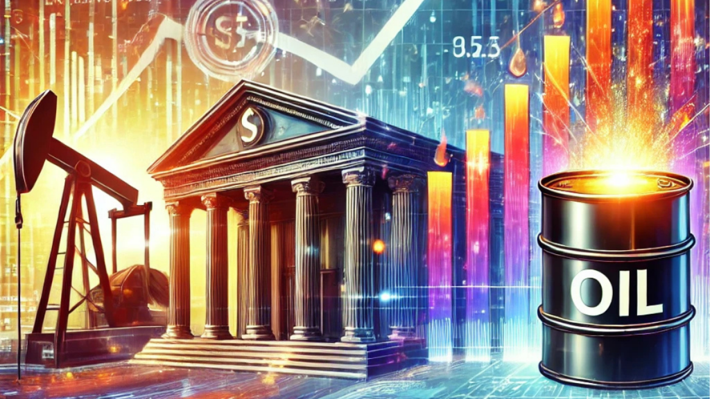 A vibrant illustration of financial trends featuring a rising graph for inflation, an oil barrel symbolizing high prices, and a bank building representing earnings reports. Digital elements and glowing numbers add a modern touch.