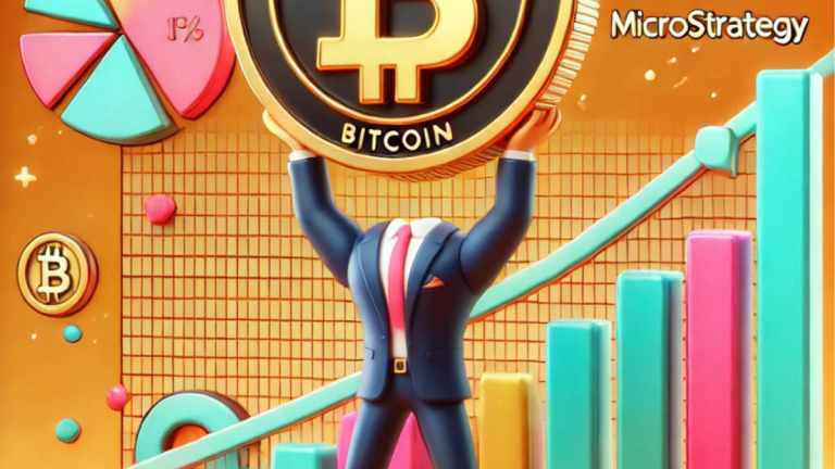 A playful illustration of a cartoon character representing MicroStrategy lifting a giant Bitcoin coin, standing on a bar chart labeled "2.1% Bitcoin Supply," with a vibrant and fun cryptocurrency-themed background. 2.1% of Bitcoin Supply