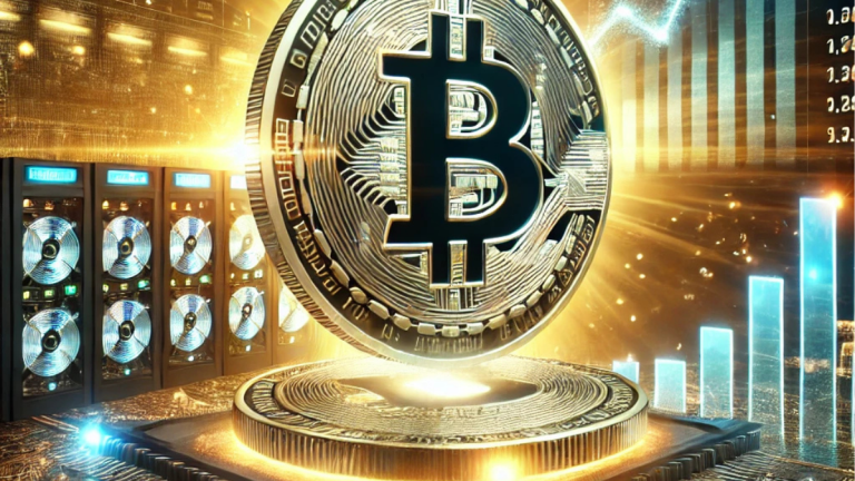 A digital illustration showcasing MARA Mining's Bitcoin achievements, featuring a glowing Bitcoin coin surrounded by mining rigs, financial charts, and a futuristic data center. The background displays a hash rate graph, symbolizing innovation and growth in the cryptocurrency mining sector, with gold, black, and blue tones emphasizing progress.