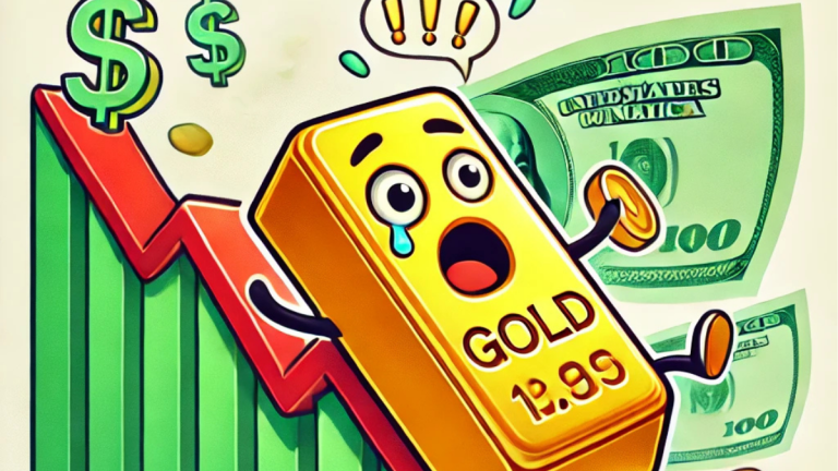 A fun digital illustration showing gold prices dropping, featuring a cartoonish gold bar sliding down a steep graph with dollar symbols in the background. The gold bar has a surprised face, with red arrows indicating the market trend. The scene uses gold, green, and red tones to highlight the market dynamics humorously.