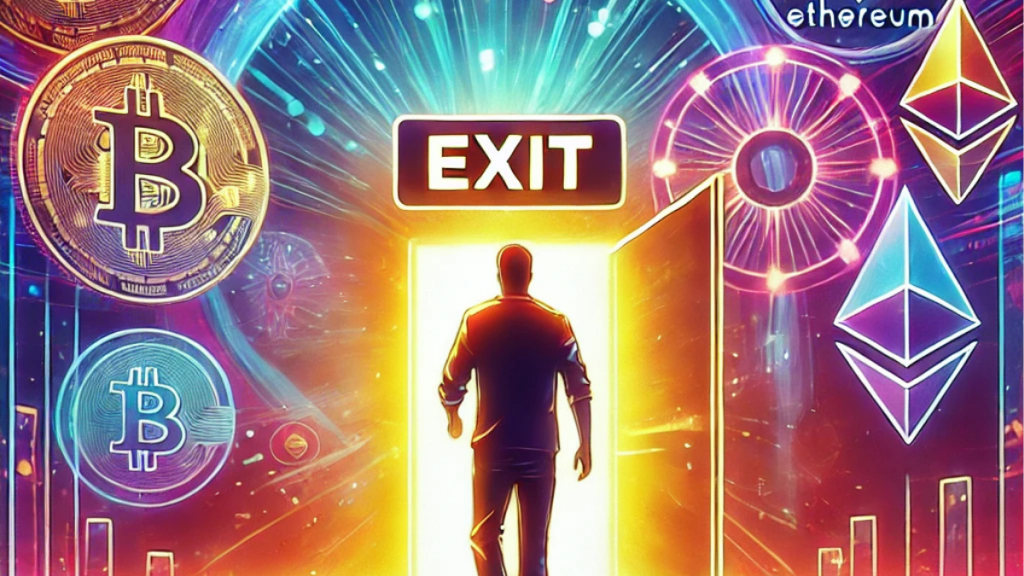 A digital illustration of a man walking toward a glowing door marked 'EXIT' with a colorful cryptocurrency-themed background. The scene features vibrant neon symbols like Bitcoin, Ethereum, and Solana, creating a futuristic and abstract design that symbolizes departure and transition.