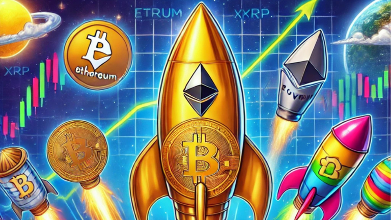 An energetic illustration of Bitcoin as a golden rocket soaring past the $100,000 mark, accompanied by colorful rockets representing altcoins like Ethereum, XRP, and Litecoin in a competitive race. The background features upward-trending charts and soft clouds labeled 'softer inflation data,' symbolizing positive market sentiment. A glowing tagline reads 'Crypto Rockets Soar Amid Market Optimism!