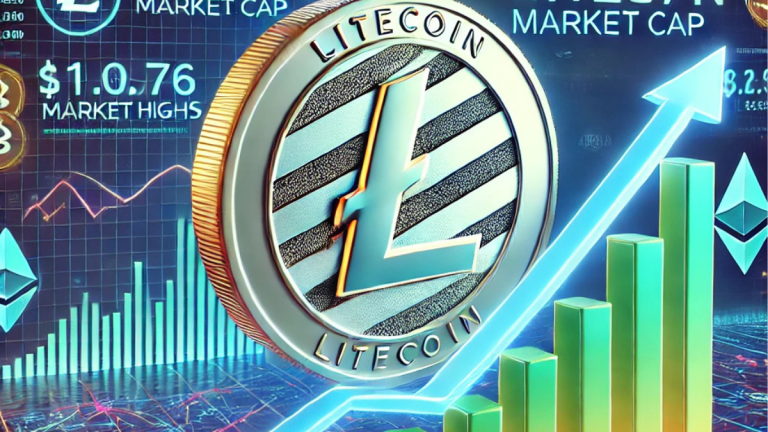 An illustration of Litecoin's market surge, with a silver coin featuring the Litecoin logo climbing a steep upward chart marked '$113.876.' The background includes a digital grid with faint symbols of Bitcoin and Ethereum. A prominent text reads 'Litecoin Market Cap: $8 Billion,' emphasizing growth and optimism in the cryptocurrency market.