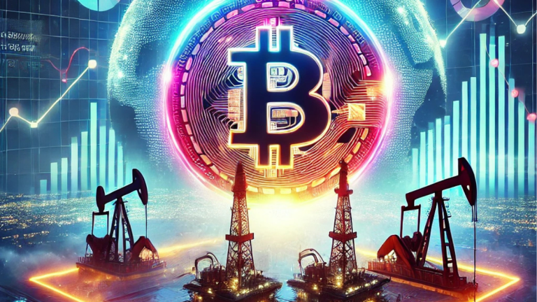 A futuristic illustration of Bitcoin as a glowing coin surpassing Saudi Aramco's oil rigs, symbolizing Bitcoin's rising market capitalization and dominance in the global financial landscape