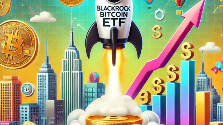 A playful depiction of Bitcoin coins being lifted by a BlackRock-branded ETF rocket, symbolizing the success and growth of the BlackRock Bitcoin ETF in the cryptocurrency market.