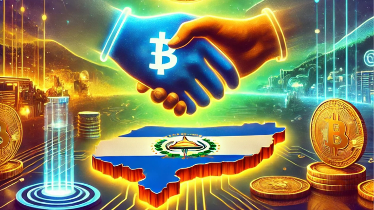 A vibrant illustration of Tether's expansion to El Salvador, featuring a glowing map, Bitcoin symbols, Tether's logo, and a handshake symbolizing technology and innovation. Surrounded by digital assets and blockchain visuals, the design highlights El Salvador as a hub for cryptocurrency innovation.