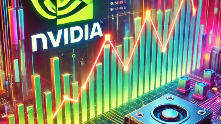 A vibrant illustration showing a downward stock market graph with NVIDIA's logo subtly in the background. The scene features a futuristic, tech-inspired design with glowing circuits and abstract datacenter visuals.