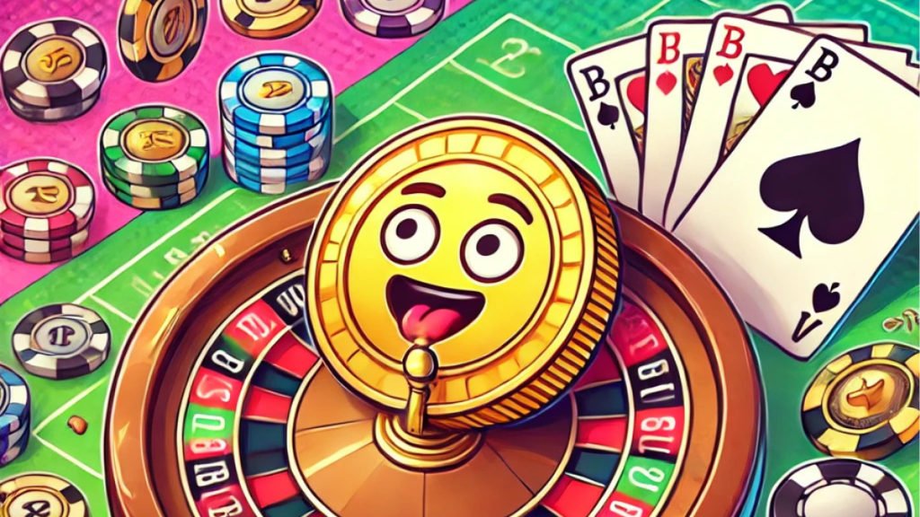 A colorful and playful illustration combining meme coins and gambling, featuring a cartoon-style cryptocurrency coin on a roulette wheel surrounded by poker chips, dice, and a slot machine.