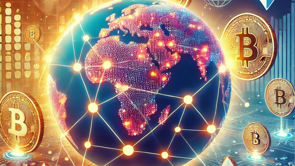 A vibrant illustration of a globe connected by glowing blockchain networks and digital currency symbols, highlighting cryptocurrency remittances and global financial inclusion.