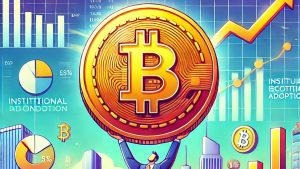 A colorful and dynamic illustration of a giant Bitcoin coin supported by corporate skyscrapers, surrounded by financial symbols, bar graphs, and a futuristic cityscape, symbolizing institutional adoption of Bitcoin.