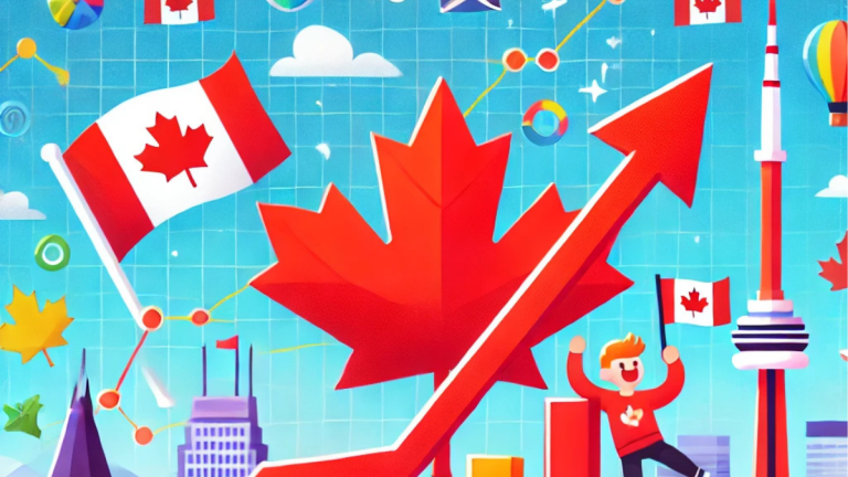 A fun and colorful illustration of business outlook improvement in Canada, featuring a cartoon-style graph with upward arrows, a maple leaf symbol, cheerful characters, and Canadian landmarks like the CN Tower