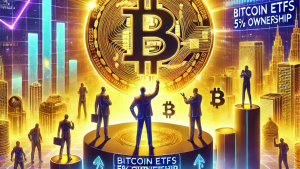 A futuristic financial scene with a glowing Bitcoin symbol in the center, surrounded by market trend graphs and numbers. Large-scale investors are depicted as towering figures holding Bitcoin stacks, while smaller investors appear as tiny figures letting go of their coins. ETFs are represented as modern buildings made of Bitcoin stacks with a banner reading "Bitcoin ETFs: 5% Ownership." The background shows a digital golden cityscape symbolizing Bitcoin's growing market value.