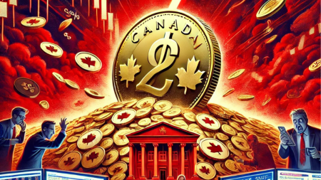 A dramatic illustration showing a Canadian dollar coin sinking into a turbulent ocean of red graphs and downward arrows, symbolizing its declining value due to tariffs. On one side, traders frantically analyze glowing screens highlighting options trading and USD-CAD currency pairs. On the other, speculative traders appear worried, holding stacks of Australian dollars. In the background, the shadow of the White House looms, symbolizing U.S. tariffs impacting the Canadian economy.