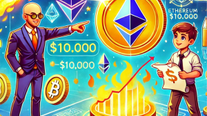 A playful and colorful crypto-themed illustration showing two characters representing Ethereum enthusiasts. One, in a sharp suit, points to a giant glowing Ethereum coin labeled "$10,000," while the other, in casual attire, examines a blueprint with scaling diagrams and burning coins. The background features futuristic elements like a rocket ship, Ethereum symbols, and a vibrant, tech-inspired setting filled with bright colors and a dynamic vibe.