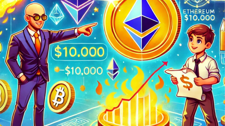 A playful and colorful crypto-themed illustration showing two characters representing Ethereum enthusiasts. One, in a sharp suit, points to a giant glowing Ethereum coin labeled "$10,000," while the other, in casual attire, examines a blueprint with scaling diagrams and burning coins. The background features futuristic elements like a rocket ship, Ethereum symbols, and a vibrant, tech-inspired setting filled with bright colors and a dynamic vibe.