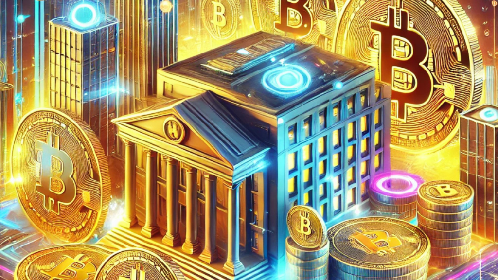 Futuristic illustration showcasing the Czech National Bank's financial strategy, with a modern bank building surrounded by golden Bitcoin symbols, representing diversification and innovation in finance.