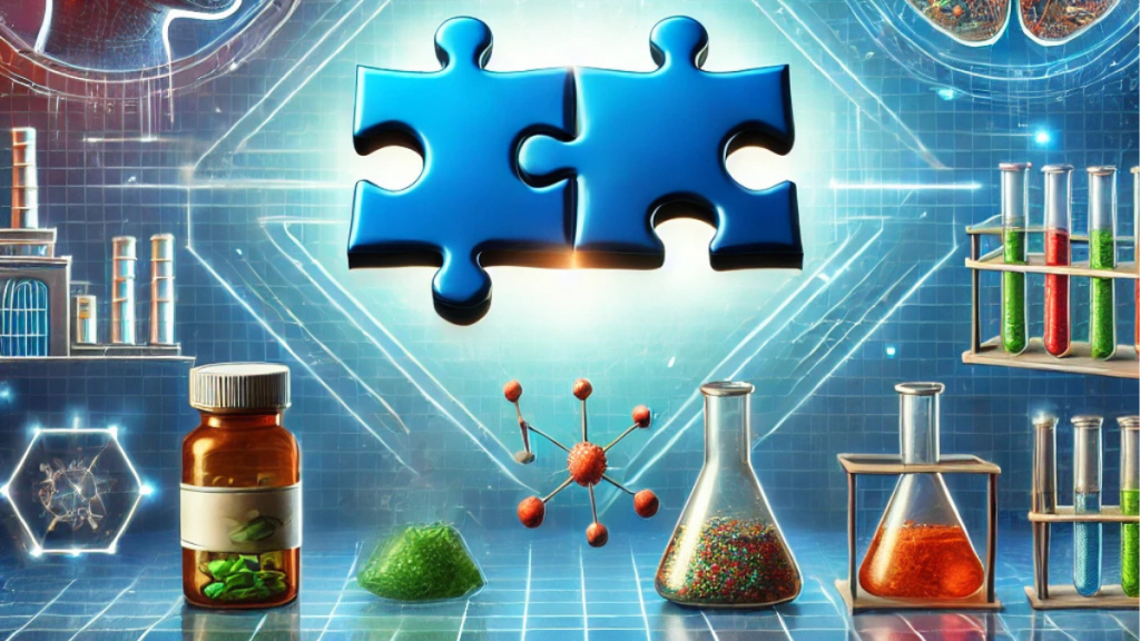 An abstract illustration of a corporate merger, showing two puzzle pieces connecting, with a neuroscience theme and a pharmaceutical lab in the background, symbolizing biotech acquisition