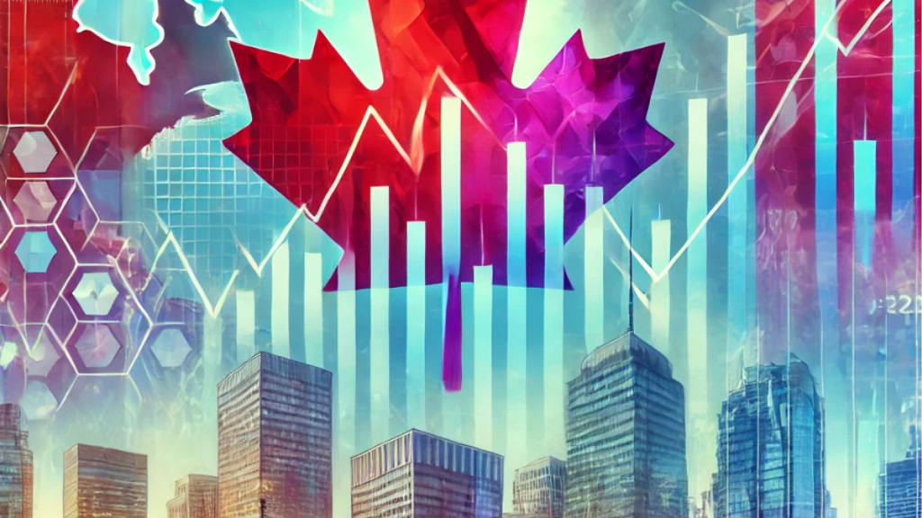 Illustration of Canada's stock index featuring a financial cityscape, stock charts with arrows, the Canadian flag, global currencies, and a map overlay, creating a dynamic financial theme