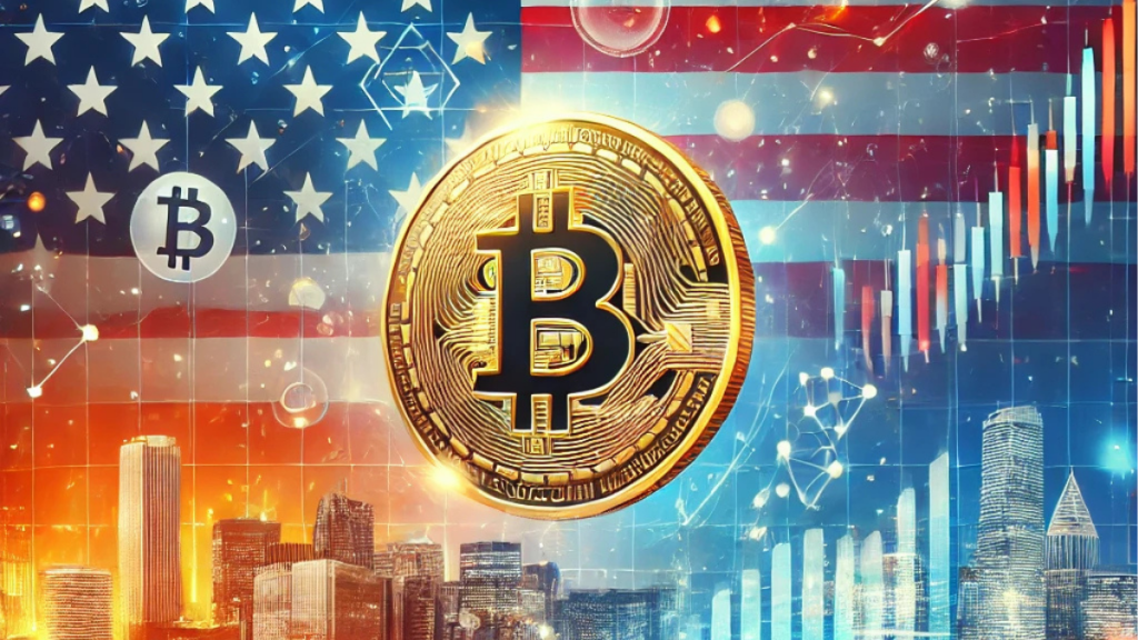 Illustration of Bitcoin adoption in the U.S., featuring a digital Bitcoin coin with an American flag backdrop, futuristic cityscape, blockchain visuals, and glowing financial graphs.