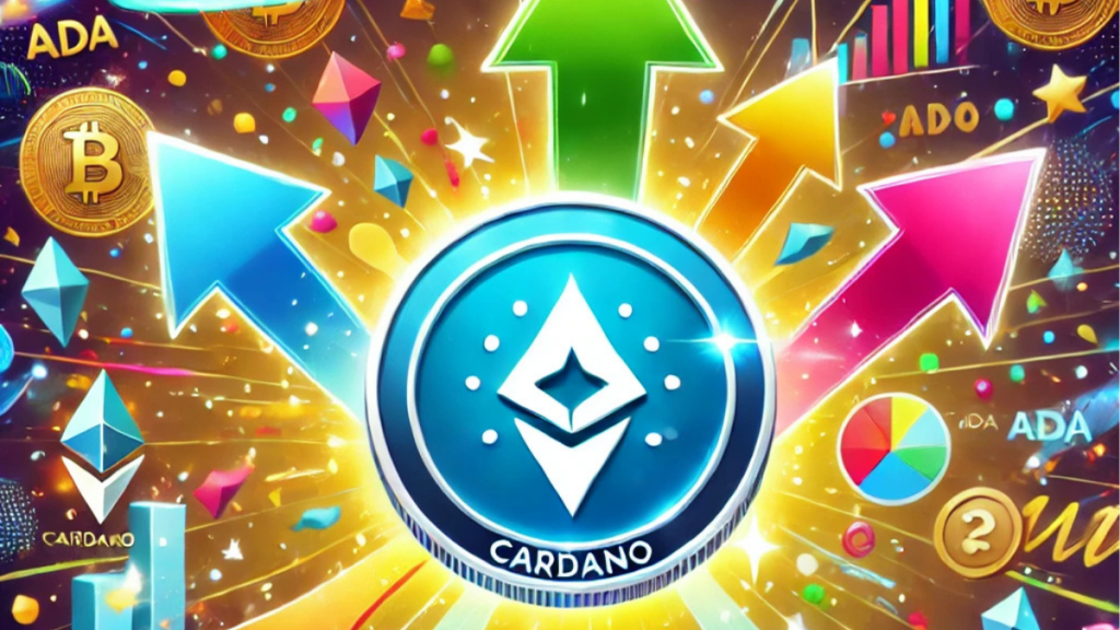 A vibrant and playful futuristic illustration of Cardano's market surge, showcasing a glowing ADA token, colorful upward arrows bursting with energy, and lively cryptocurrency icons in a dynamic financial universe.