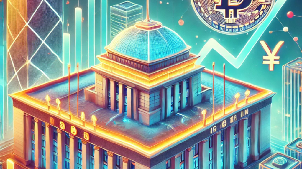 A dynamic illustration featuring the People's Bank of China building, a Bitcoin symbol, and a fluctuating financial graph, symbolizing the intersection of economic policy and cryptocurrency.