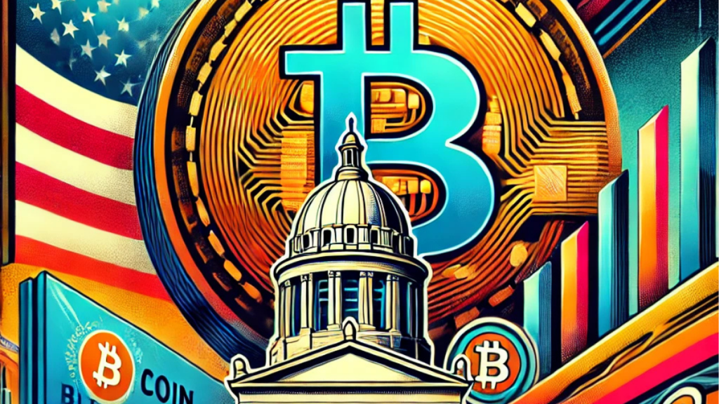 An artistic depiction of the 'Bitcoin Freedom Act' featuring Oklahoma's capitol building, a prominent Bitcoin symbol, and a futuristic financial theme symbolizing innovation and progress."