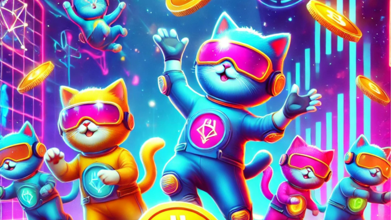 A playful digital illustration of colorful cats in futuristic gear, tossing cryptocurrency tokens in a neon-lit environment, symbolizing a fun and vibrant crypto theme.