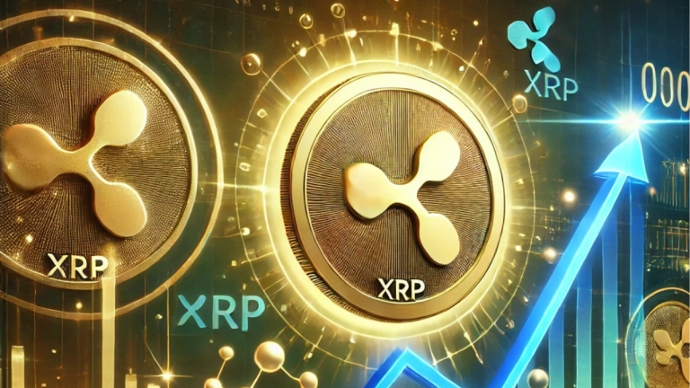 An illustrative representation of Ripple's XRP cryptocurrency growth, featuring an upward-trending digital graph, XRP logo, and futuristic financial elements in vibrant blue, gold, and green hues.