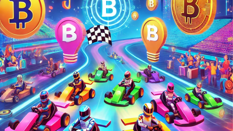 A colorful and energetic illustration of blockchain-powered gaming. Features vibrant race tracks with futuristic vehicles shaped like tokens, glowing blockchain symbols, neon lights, and a cheering digital crowd. A lively and modern gaming atmosphere.