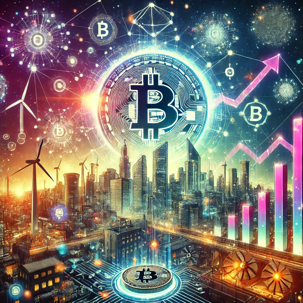 Futuristic city skyline with blockchain symbols, digital financial graphs, and energy resources, symbolizing Alberta's crypto industry growth and economic progress.