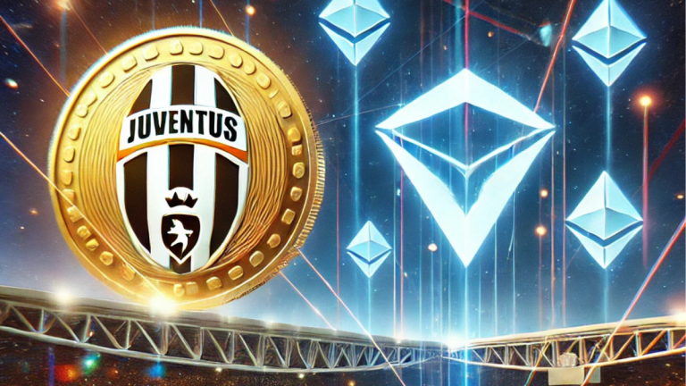 Futuristic Juventus football stadium with glowing blockchain symbols and Tether (USDT) logo integrated into the stadium lights.