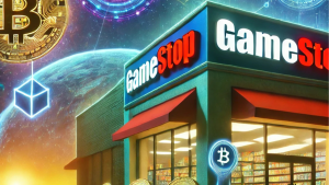 Futuristic GameStop storefront with glowing Bitcoin symbols and blockchain elements floating around, representing crypto investment speculation.