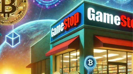 Futuristic GameStop storefront with glowing Bitcoin symbols and blockchain elements floating around, representing crypto investment speculation.