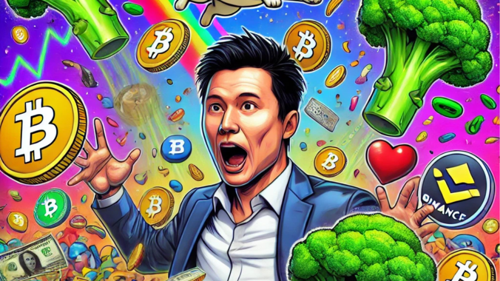 Changpeng Zhao surrounded by floating memecoins and blockchain symbols, with a dog mascot named Broccoli in the background, symbolizing the memecoin frenzy.