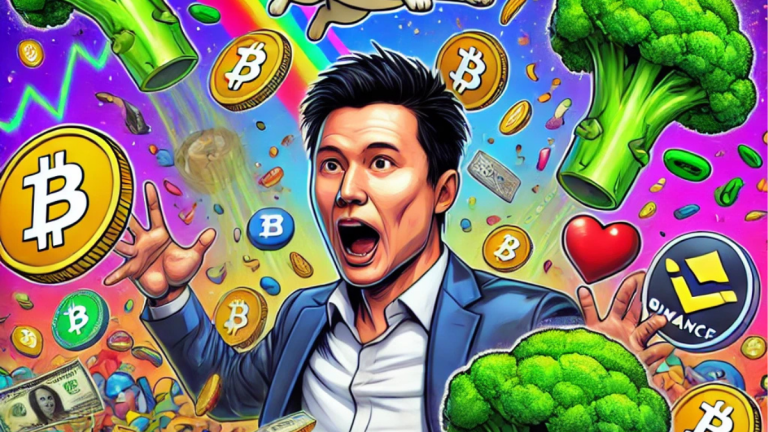 Changpeng Zhao surrounded by floating memecoins and blockchain symbols, with a dog mascot named Broccoli in the background, symbolizing the memecoin frenzy.