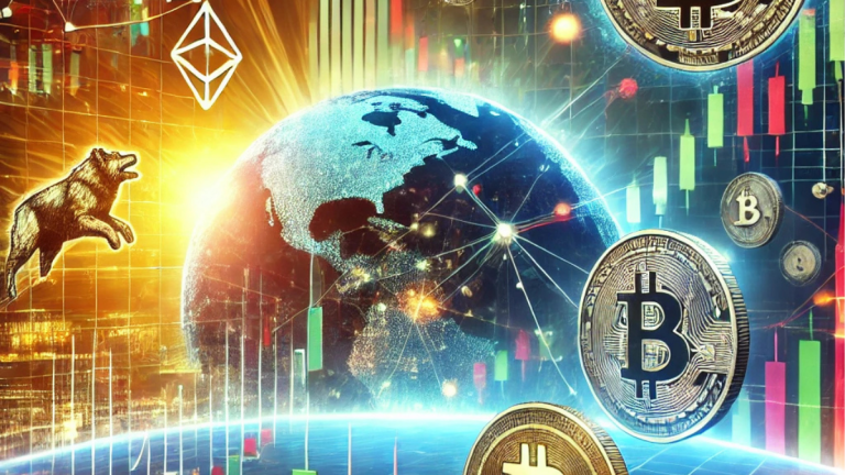 Futuristic digital artwork with floating stock charts, Bitcoin and Dogecoin symbols, and financial graphs, representing market influence and speculation