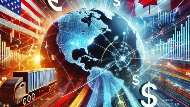 Futuristic financial scene with trade routes between the U.S. and Canada, fluctuating currency symbols, and economic graphs in motion.